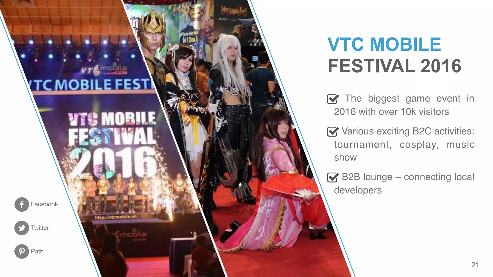 21
Facebook
Twitter
Path
The biggest game event in
2016 with over 10k visitors
Various exciting B2C activities:
tournament, cosplay, music
show
B2B lounge – connecting local
developers
VTC MOBILE
FESTIVAL 2016
 