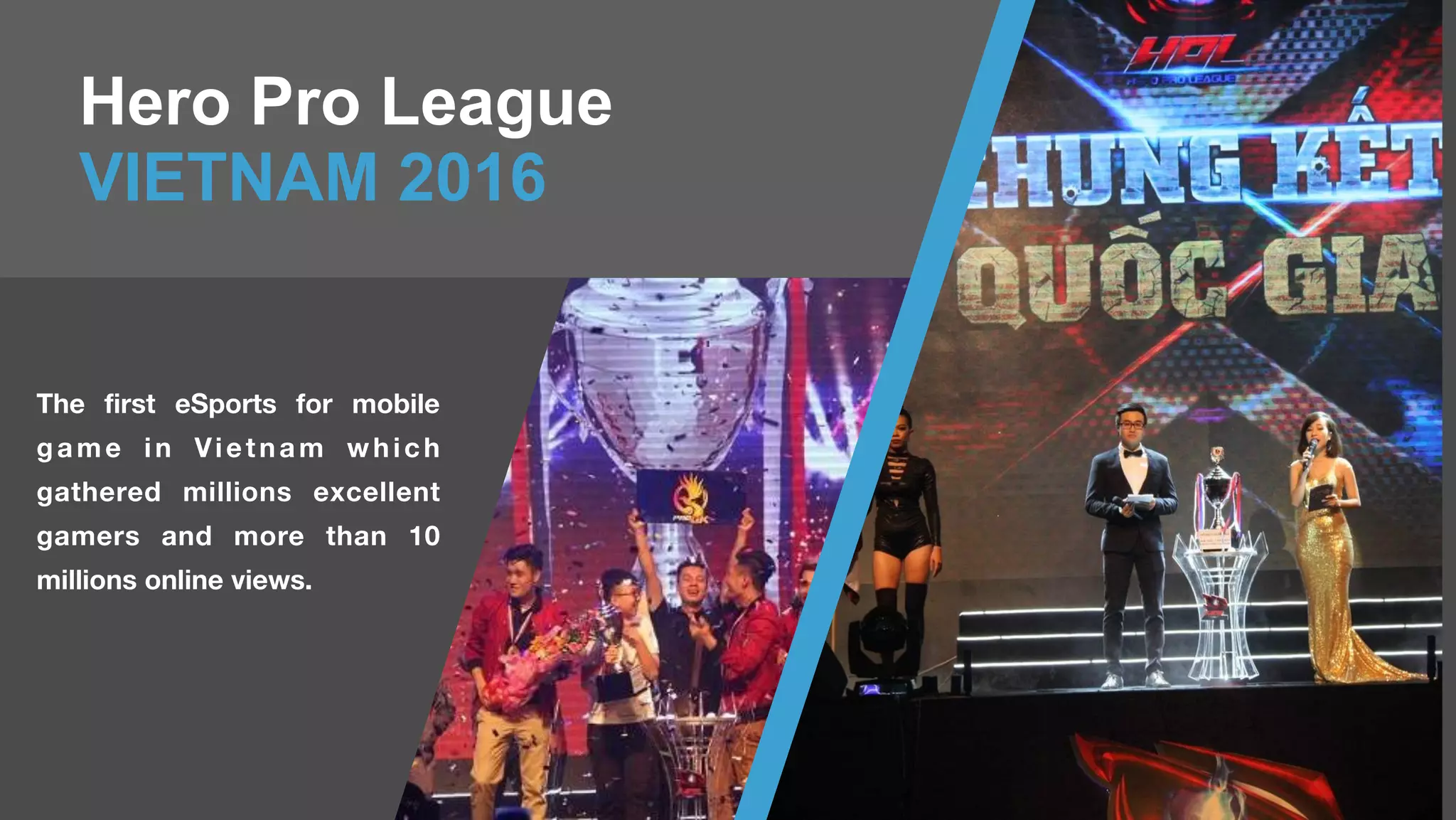 22
Hero Pro League
VIETNAM 2016
The first eSports for mobile
game in Vietnam which
gathered millions excellent
gamers and more than 10
millions online views.
 