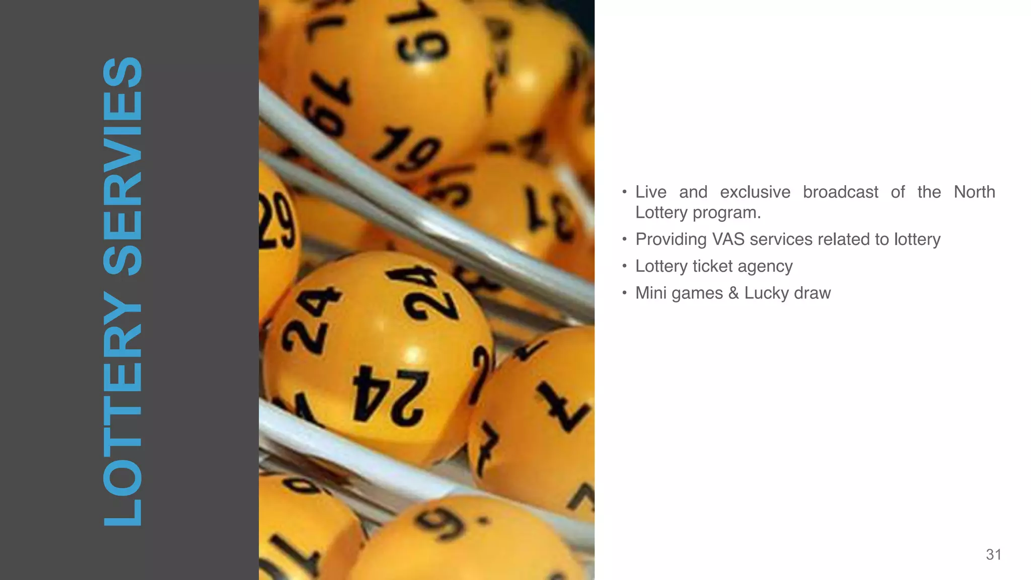 31
• Live and exclusive broadcast of the North
Lottery program.
• Providing VAS services related to lottery
• Lottery ticket agency
• Mini games & Lucky draw
LOTTERYSERVIES
 