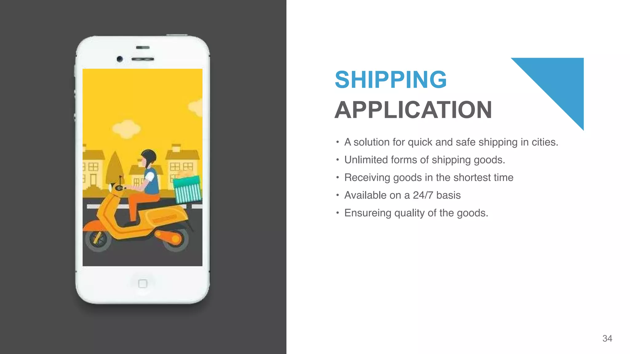 34
SHIPPING
APPLICATION
• A solution for quick and safe shipping in cities.
• Unlimited forms of shipping goods.
• Receiving goods in the shortest time
• Available on a 24/7 basis
• Ensureing quality of the goods.
 