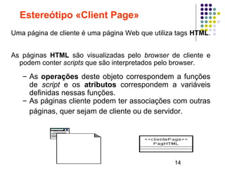 14
Estereótipo «Client Page»
Uma página de cliente é uma página Web que utiliza tags HTML.
As páginas HTML são visualizadas pelo browser de cliente e
podem conter scripts que são interpretados pelo browser.
– As operações deste objeto correspondem a funções
de script e os atributos correspondem a variáveis
definidas nessas funções.
– As páginas cliente podem ter associações com outras
páginas, quer sejam de cliente ou de servidor.
 