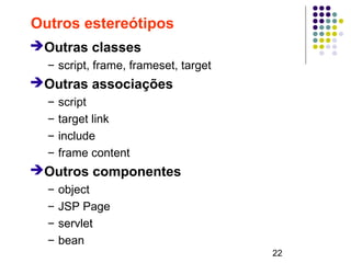 22
Outros estereótipos
➔Outras classes
– script, frame, frameset, target
➔Outras associações
– script
– target link
– include
– frame content
➔Outros componentes
– object
– JSP Page
– servlet
– bean
 