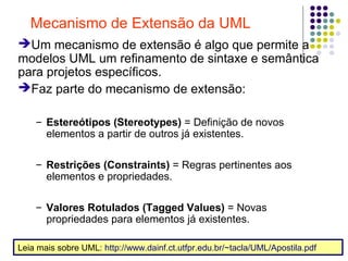 6
Mecanismo de Extensão da UML
➔Um mecanismo de extensão é algo que permite a
modelos UML um refinamento de sintaxe e semântica
para projetos específicos.
➔Faz parte do mecanismo de extensão:
– Estereótipos (Stereotypes) = Definição de novos
elementos a partir de outros já existentes.
– Restrições (Constraints) = Regras pertinentes aos
elementos e propriedades.
– Valores Rotulados (Tagged Values) = Novas
propriedades para elementos já existentes.
Leia mais sobre UML: http://www.dainf.ct.utfpr.edu.br/~tacla/UML/Apostila.pdf
 