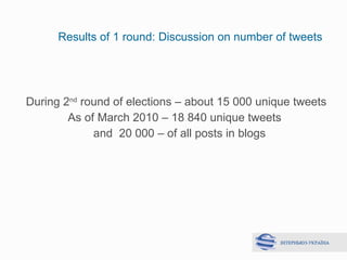Results of 1 round :  Discussion on number of tweets <ul><li>During 2 nd  round of elections  –  about  15 000  unique twe...