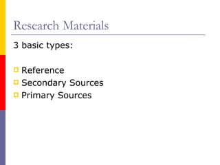 Research Materials 3 basic types: Reference Secondary Sources Primary Sources 