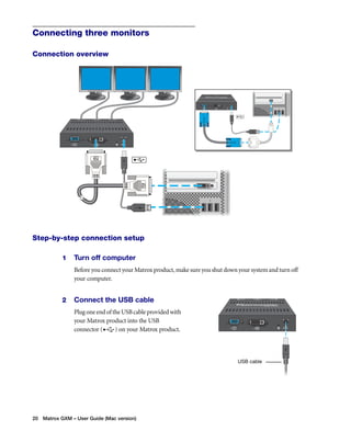 Connecting three monitors 
Connection overview 
Step-by-step connection setup 
1 Turn off computer 
Before you connect your Matrox product, make sure you shut down your system and turn off 
your computer. 
2 Connect the USB cable 
Plug one end of the USB cable provided with 
your Matrox product into the USB 
connector ( ) on your Matrox product. 
20 Matrox GXM – User Guide (Mac version) 
USB cable 
 