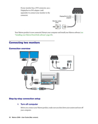 If your monitor has a DVI connector, use a 
DisplayPort to DVI adapter (sold 
separately) to connect your monitor to the 
connector. 
Your Matrox product is now connected. Restart your computer and install your Matrox software (see 
“Installing your Matrox PowerDesk software”, page 40). 
Connecting two monitors 
Connection overview 
Step-by-step connection setup 
1 Turn off computer 
Before you connect your Matrox product, make sure you shut down your system and turn off 
your computer. 
30 Matrox GXM – User Guide (Mac version) 
Monitor cable 
(DVI) 
DisplayPort to DVI 
adapter 
 