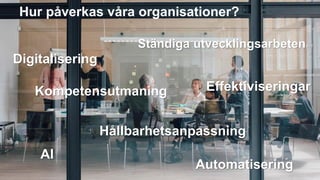 Hur påverkas våra organisationer?
Digitalisering
Effektiviseringar
Ständiga utvecklingsarbeten
Kompetensutmaning
Hållbarhetsanpassning
AI
Automatisering
 