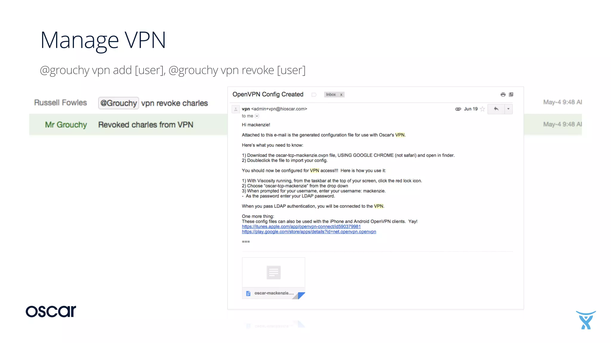 Manage VPN
@grouchy vpn add [user], @grouchy vpn revoke [user]
 