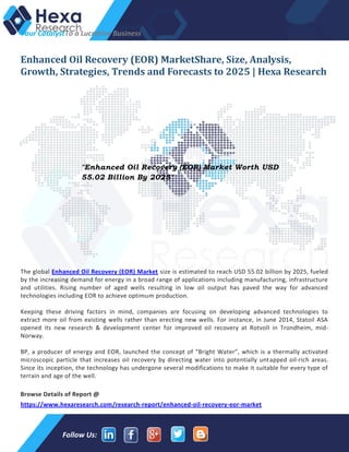 Your CatalystTo a Lucrative Business
Follow Us:
Enhanced Oil Recovery (EOR) MarketShare, Size, Analysis,
Growth, Strategies, Trends and Forecasts to 2025 | Hexa Research
The global Enhanced Oil Recovery (EOR) Market size is estimated to reach USD 55.02 billion by 2025, fueled
by the increasing demand for energy in a broad range of applications including manufacturing, infrastructure
and utilities. Rising number of aged wells resulting in low oil output has paved the way for advanced
technologies including EOR to achieve optimum production.
Keeping these driving factors in mind, companies are focusing on developing advanced technologies to
extract more oil from existing wells rather than erecting new wells. For instance, in June 2014, Statoil ASA
opened its new research & development center for improved oil recovery at Rotvoll in Trondheim, mid-
Norway.
BP, a producer of energy and EOR, launched the concept of “Bright Water”, which is a thermally activated
microscopic particle that increases oil recovery by directing water into potentially untapped oil-rich areas.
Since its inception, the technology has undergone several modifications to make it suitable for every type of
terrain and age of the well.
Browse Details of Report @
https://www.hexaresearch.com/research-report/enhanced-oil-recovery-eor-market
"Enhanced Oil Recovery (EOR) Market Worth USD
55.02 Billion By 2025"
 