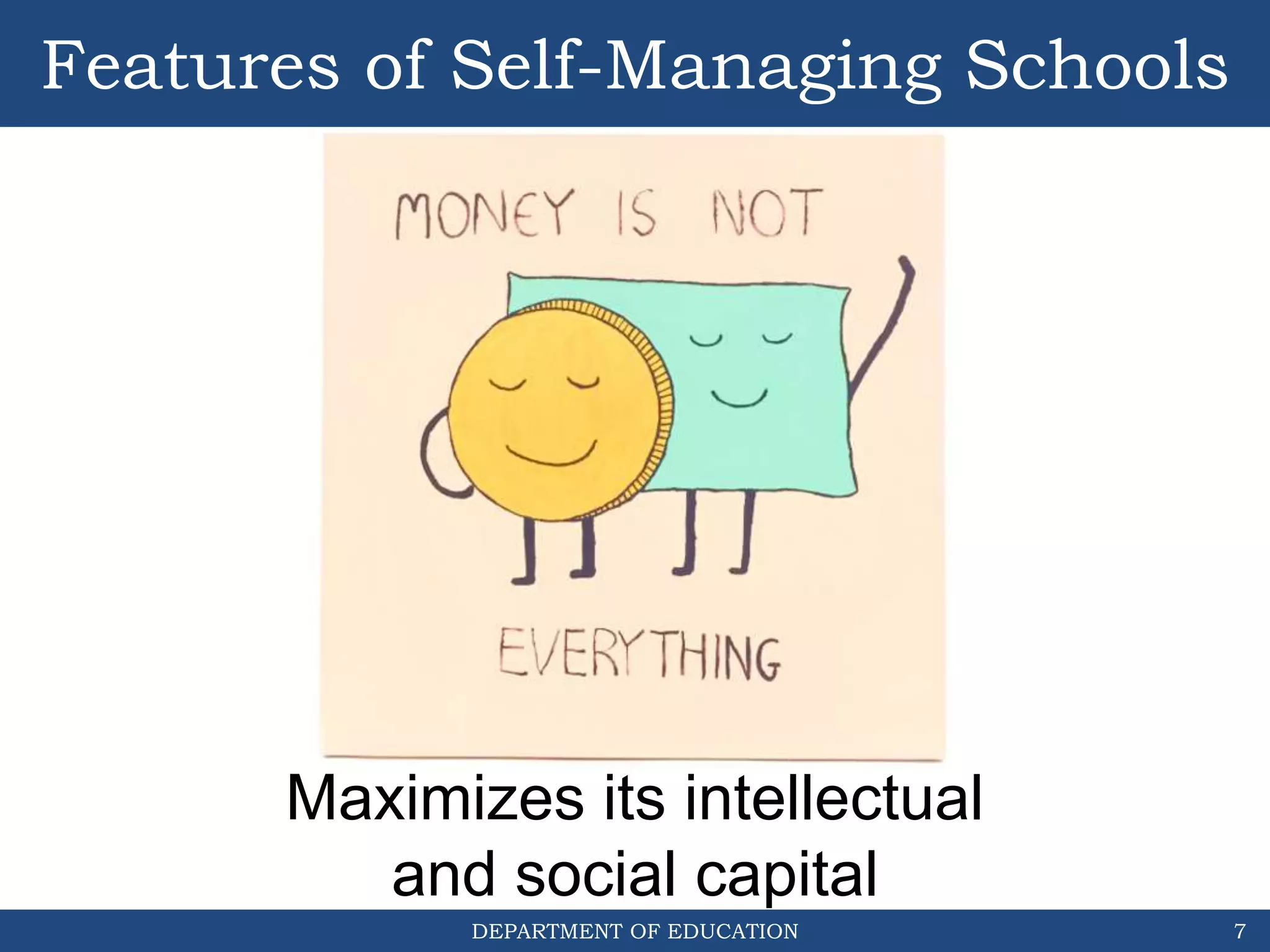 DEPARTMENT OF EDUCATION
Features of Self-Managing Schools
7
Maximizes its intellectual
and social capital
 