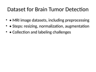 Dataset for Brain Tumor Detection
• • MRI image datasets, including preprocessing
• • Steps: resizing, normalization, augmentation
• • Collection and labeling challenges
 