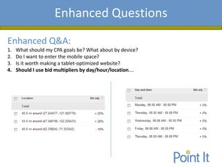 Presentation AgendaEnhanced Questions
Enhanced Q&A:
1. What should my CPA goals be? What about by device?
2. Do I want to enter the mobile space?
3. Is it worth making a tablet-optimized website?
4. Should I use bid multipliers by day/hour/location….
 