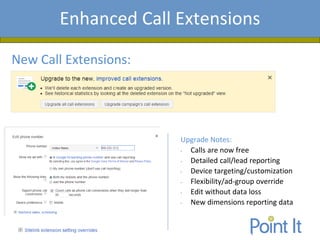Presentation AgendaEnhanced Call Extensions
New Call Extensions:
Upgrade Notes:
• Calls are now free
• Detailed call/lead reporting
• Device targeting/customization
• Flexibility/ad-group override
• Edit without data loss
• New dimensions reporting data
 