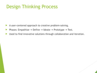 Design Thinking Process
 A user-centered approach to creative problem-solving.
 Phases: Empathize Define Ideate Prototype Test.
→ → → →
 Used to find innovative solutions through collaboration and iteration.
 