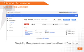Enhanced Ecommerce
Google Tag Manager
Google Tag Manager cuenta con soporte para Enhanced Ecommerce.
 