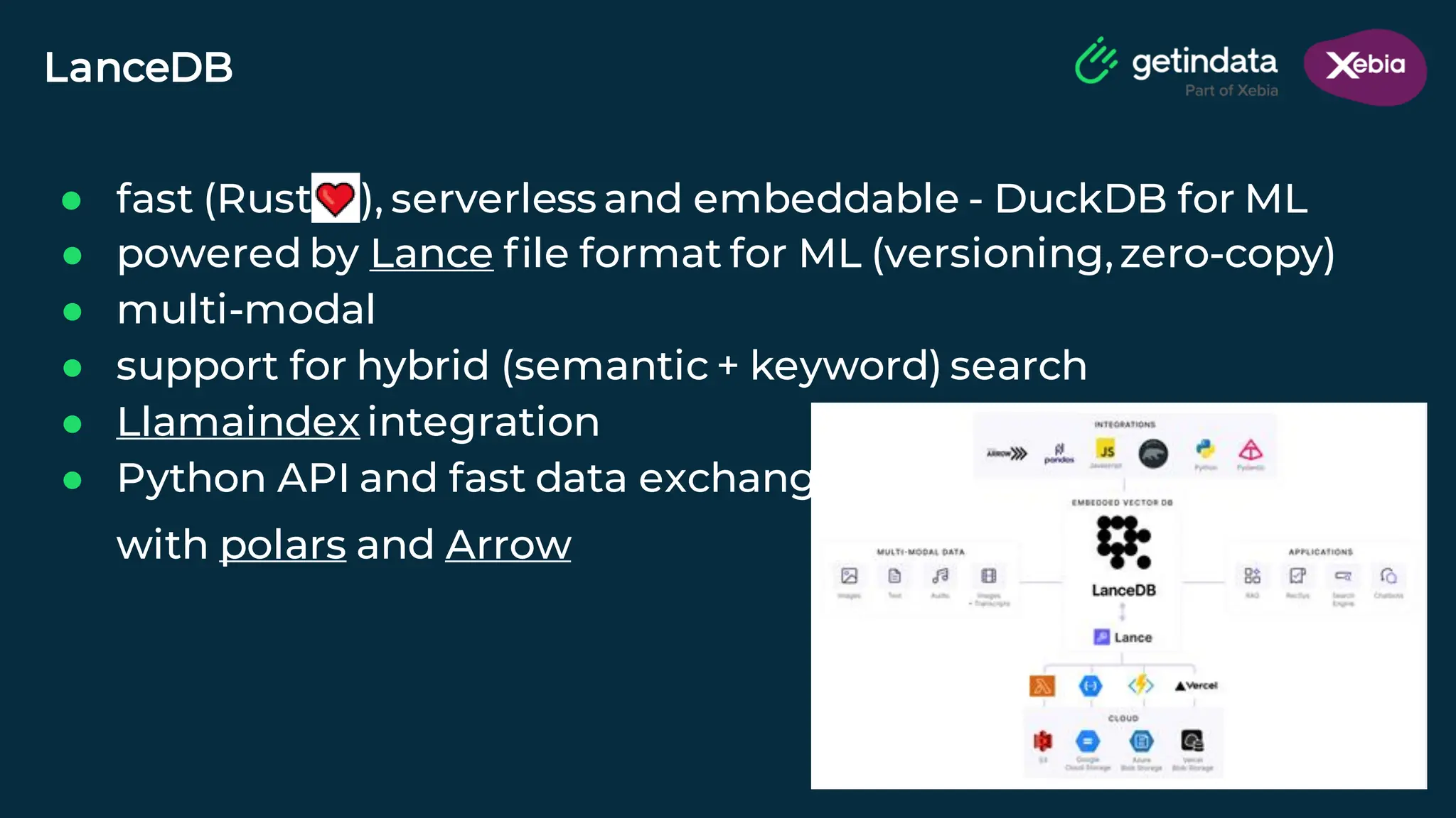 © Copyright. All rights reserved. Not to be reproduced without prior written consent.
LanceDB
● fast (Rust ), serverless and embeddable - DuckDB for ML
● powered by Lance file format for ML (versioning,zero-copy)
● multi-modal
● support for hybrid (semantic + keyword) search
● Llamaindex integration
● Python API and fast data exchange
with polars and Arrow
 