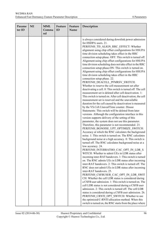 Parame
ter ID
NE MML
Comma
nd
Feature
ID
Feature
Name
Description
is always considered during downlink power admission
for HSDPA users. 21.
PERFENH_TD_ALIGN_RRC_EFFECT: Whether
alignment using chip offset configurations for HSUPA
time division scheduling takes effect in the RRC
connection setup phase. OFF: This switch is turned off.
Alignment using chip offset configurations for HSUPA
time division scheduling does not take effect in the RRC
connection setup phase.ON: This switch is turned on.
Alignment using chip offset configurations for HSUPA
time division scheduling takes effect in the RRC
connection setup phase. 22.
PERFENH_DEACELL_PFMRSV_SWITCH:
Whether to reserve the cell measurement set after
deactivating a cell. 0: This switch is turned off. The cell
measurement set is deleted after cell deactivation. 1:
This switch is turned on. After cell deactivation, the cell
measurement set is reserved and the unavailable
duration for the cell caused by deactivation is measured
by the VS.Cell.UnavailTime counter. Disuse
Statements: This switch will be deleted from later
versions. Although the configuration interface in this
version supports delivery of the setting of this
parameter, the system does not use this parameter.
Therefore, this parameter is not recommended. 23.
PERFENH_BGNOISE_UPT_OPTIMIZE_SWITCH:
Accuracy at which the RNC calculates the background
noise. 1: This switch is turned on. The RNC calculates
background noise at a high accuracy. 0: This switch is
turned off. The RNC calculates background noise at a
low accuracy. 24.
PERFENH_INTERRATHO_CAC_OPT_IN_LDR_S
WITCH: Whether to admit UEs in LDR status after
incoming inter-RAT handovers. 1: This switch is turned
on. The RNC admits UEs in LDR status after incoming
inter-RAT handovers. 2: This switch is turned off. The
RNC does not admit UEs in LDR status after incoming
inter-RAT handovers. 25.
PERFENH_CSFBUSER_CAC_OPT_IN_LDR_SWIT
CH: Whether the cell LDR status is considered during
a CSFB user admission. 1: This switch is turned on. The
cell LDR status is not considered during a CSFB user
admission. 2: This switch is turned off. The cell LDR
status is considered during a CSFB user admission. 26.
PERFENH_CRNTI_OPT_SWITCH: Whether to use
the optimized C-RNTI allocation method. When this
switch is turned on, the RNC starts from the place where
WCDMA RAN
Enhanced Fast Dormancy Feature Parameter Description 8 Parameters
Issue 02 (2014-06-30) Huawei Proprietary and Confidential
Copyright © Huawei Technologies Co., Ltd.
96
 