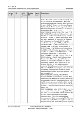 Parame
ter ID
NE MML
Comma
nd
Feature
ID
Feature
Name
Description
the last allocated C-RNTI is located, sequentially polls
C-RNTIs following the last allocated C-RNTI, and
selects an available C-RNTI for a UE. When this switch
is turned off, the RNC starts from the place where the
first allocated C-RNTI is located, sequentially polls C-
RNTIs following the first allocated C-RNTI, and selects
an available C-RNTI for the UE. 27.
PERFENH_FACHUSER_NUM_CTRL_ENH_SWIT
CH (FACH UE Number Control Enhancement Switch):
Whether the number of FACH UEs in a cell is limited
by the CELL_FACH UE number specification. When
this switch is set to on, the number of FACH UEs in a
cell is limited not only by the FACH UE number
specification but also by the CELL_FACH UE number
specification (CELL_FACH UEs include both E-FACH
UEs and FACH UEs). That is, the total number of
FACH UEs and E-FACH UEs in a cell cannot exceed
the CELL_FACH UE number specification. When this
switch is set to off, the number FACH UEs in a cell is
only limited by the FACH UE specification. 28.
PERFENH_RELOCINUSER_LDRPRE_OPT_SWIT
CH(Optimization Switch for Static Relocation User
Selection for LDR and Preemption): Whether to
optimize the user selection algorithm for LDR and
preemption. When this switch is set to on, the user
selection algorithm for LDR and preemption is
optimized. That is, the actual priority of static relocation
UEs is used for LDR and preemption, which makes the
user priority recognition more accurate. When this
switch is turned off, default user priority is used for LDR
and preemption. 29.
PERFENH_SOFTERHO_CE_OPT_SWITCH:
Calculation method of consumed CE resources. If this
parameter is set to ON, the RNC correctly calculates the
consumed CE resources. If this parameter is set to OFF,
the CE resources consumed on the link that is deleted
after a soft handover are not calculated. As a result, the
available CE resources increase and excess users access
the cell. 30.
PERFENH_LCGCE_RSRC_OPT_SWITCH: LCG CE
resource optimization switch for preempted UEs. When
this switch is set to on, the RNC correctly maintains the
LCG CE resources used by a UE after an RRC
connection setup. If the UE is preempted, these
resources are provided to the preempting UE. When this
switch is set to off, the RNC cannot update the LCG CE
resources used by a UE in time, which leads to incorrect
WCDMA RAN
Enhanced Fast Dormancy Feature Parameter Description 8 Parameters
Issue 02 (2014-06-30) Huawei Proprietary and Confidential
Copyright © Huawei Technologies Co., Ltd.
97
 