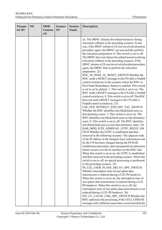Parame
ter ID
NE MML
Comma
nd
Feature
ID
Feature
Name
Description
on. The DRNC releases the related resources during
relocation rollback in the preceding scenario. In this
way, if the SRNC initiates a UE-not-involved relocation
procedure again, the DRNC can successfully perform
the relocation preparation. 0: This switch is set to off.
The DRNC does not release the related resources during
relocation rollback in the preceding scenario. If the
SRNC initiates a UE-not-involved relocation procedure
again, the DRNC fails to perform the relocation
preparation. 22)
RNC_IN_POOL_IU_RESET_SWITCH Whether the
RNC sends a RESET message to the CN after a NodeB
control switchover in the scenario where the RNC in
Pool Node Redundancy feature is enabled. This switch
is set to on by default. 1: This switch is set to on. The
RNC sends a RESET message to the CN after a NodeB
control switchover. 0: This switch is set to off. The RNC
does not send a RESET message to the CN after a
NodeB control switchover. 23)
USE_EFD_WITHOUT_EFD_OFF_TAC_SWITCH
Whether the RNC identifies non-blacklisted users as
fast dormancy users. 1: This switch is set to on. The
RNC identifies non-blacklisted users as fast dormancy
users. 0: This switch is set to off. The RNC identifies
non-blacklisted users as non-fast-dormancy users. 24)
RAB_MOD_IUPS_ADMIFAIL_GTPU_REEST_SW
ITCH Whether the GTPU is established and then
removed in the following scenario: The adjacent node
of the IP address in the transport layer information sent
by the CN has been changed during the PS RAB
modification procedure, and consequently an admission
failure occurs over the Iu interface on the RNC side.
When this switch is set to on, the GTPU is established
and then removed in the preceding scenario. When this
switch is set to off, no special processing is performed
in the preceding scenario. 25)
PS_U2L_USER_PLANE_DELAY_OPT_SWITCH
Whether interruption time of user-plane data
transmission is reduced during a U2L PS handover.
When this switch is set to on, the interruption time of
user-plane data transmission is reduced during a U2L
PS handover. When this switch is set to off, the
interruption time of user-plane data transmission is not
reduced during a U2L PS handover. 26)
P2F_CU_CAUSE_CHG_OPT_SWITCH Whether the
RNC optimizes the processing of the CELL UPDATE
message with a different cause that is received while the
WCDMA RAN
Enhanced Fast Dormancy Feature Parameter Description 8 Parameters
Issue 02 (2014-06-30) Huawei Proprietary and Confidential
Copyright © Huawei Technologies Co., Ltd.
107
 