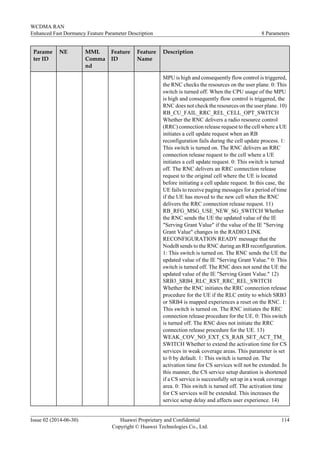 Parame
ter ID
NE MML
Comma
nd
Feature
ID
Feature
Name
Description
MPU is high and consequently flow control is triggered,
the RNC checks the resources on the user plane. 0: This
switch is turned off. When the CPU usage of the MPU
is high and consequently flow control is triggered, the
RNC does not check the resources on the user plane. 10)
RB_CU_FAIL_RRC_REL_CELL_OPT_SWITCH
Whether the RNC delivers a radio resource control
(RRC) connection release request to the cell where a UE
initiates a cell update request when an RB
reconfiguration fails during the cell update process. 1:
This switch is turned on. The RNC delivers an RRC
connection release request to the cell where a UE
initiates a cell update request. 0: This switch is turned
off. The RNC delivers an RRC connection release
request to the original cell where the UE is located
before initiating a cell update request. In this case, the
UE fails to receive paging messages for a period of time
if the UE has moved to the new cell when the RNC
delivers the RRC connection release request. 11)
RB_RFG_MSG_USE_NEW_SG_SWITCH Whether
the RNC sends the UE the updated value of the IE
"Serving Grant Value" if the value of the IE "Serving
Grant Value" changes in the RADIO LINK
RECONFIGURATION READY message that the
NodeB sends to the RNC during an RB reconfiguration.
1: This switch is turned on. The RNC sends the UE the
updated value of the IE "Serving Grant Value." 0: This
switch is turned off. The RNC does not send the UE the
updated value of the IE "Serving Grant Value." 12)
SRB3_SRB4_RLC_RST_RRC_REL_SWITCH
Whether the RNC initiates the RRC connection release
procedure for the UE if the RLC entity to which SRB3
or SRB4 is mapped experiences a reset on the RNC. 1:
This switch is turned on. The RNC initiates the RRC
connection release procedure for the UE. 0: This switch
is turned off. The RNC does not initiate the RRC
connection release procedure for the UE. 13)
WEAK_COV_NO_EXT_CS_RAB_SET_ACT_TM_
SWITCH Whether to extend the activation time for CS
services in weak coverage areas. This parameter is set
to 0 by default. 1: This switch is turned on. The
activation time for CS services will not be extended. In
this manner, the CS service setup duration is shortened
if a CS service is successfully set up in a weak coverage
area. 0: This switch is turned off. The activation time
for CS services will be extended. This increases the
service setup delay and affects user experience. 14)
WCDMA RAN
Enhanced Fast Dormancy Feature Parameter Description 8 Parameters
Issue 02 (2014-06-30) Huawei Proprietary and Confidential
Copyright © Huawei Technologies Co., Ltd.
114
 
