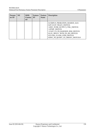 Parame
ter ID
NE MML
Comma
nd
Feature
ID
Feature
Name
Description
0,USRPLN_PRORATION_SHARED_ALO:
0,FP_IUUP_TRACE_SWITCH:
1,RNC_PCHR_OUTPUT_CTRL_SWITCH:
1,DTMF_SWITCH:
1,FAST_CS_FB_BASEDON_RIM_SWITCH:
0,L2U_SRVCC_WITH_PS_HO_SWITCH:
0,ULTRA_FLASH_CSFB_SWITCH:
0,RNC_PS_QUERY_UE_IMEISV_SWITCH:0
WCDMA RAN
Enhanced Fast Dormancy Feature Parameter Description 8 Parameters
Issue 02 (2014-06-30) Huawei Proprietary and Confidential
Copyright © Huawei Technologies Co., Ltd.
128
 