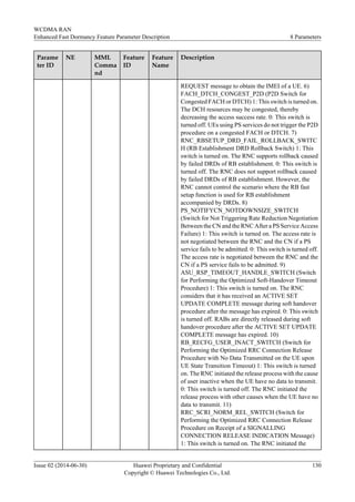 Parame
ter ID
NE MML
Comma
nd
Feature
ID
Feature
Name
Description
REQUEST message to obtain the IMEI of a UE. 6)
FACH_DTCH_CONGEST_P2D (P2D Switch for
Congested FACH or DTCH) 1: This switch is turned on.
The DCH resources may be congested, thereby
decreasing the access success rate. 0: This switch is
turned off. UEs using PS services do not trigger the P2D
procedure on a congested FACH or DTCH. 7)
RNC_RBSETUP_DRD_FAIL_ROLLBACK_SWITC
H (RB Establishment DRD Rollback Switch) 1: This
switch is turned on. The RNC supports rollback caused
by failed DRDs of RB establishment. 0: This switch is
turned off. The RNC does not support rollback caused
by failed DRDs of RB establishment. However, the
RNC cannot control the scenario where the RB fast
setup function is used for RB establishment
accompanied by DRDs. 8)
PS_NOTIFYCN_NOTDOWNSIZE_SWITCH
(Switch for Not Triggering Rate Reduction Negotiation
Between the CN and the RNC After a PS Service Access
Failure) 1: This switch is turned on. The access rate is
not negotiated between the RNC and the CN if a PS
service fails to be admitted. 0: This switch is turned off.
The access rate is negotiated between the RNC and the
CN if a PS service fails to be admitted. 9)
ASU_RSP_TIMEOUT_HANDLE_SWITCH (Switch
for Performing the Optimized Soft-Handover Timeout
Procedure) 1: This switch is turned on. The RNC
considers that it has received an ACTIVE SET
UPDATE COMPLETE message during soft handover
procedure after the message has expired. 0: This switch
is turned off. RABs are directly released during soft
handover procedure after the ACTIVE SET UPDATE
COMPLETE message has expired. 10)
RB_RECFG_USER_INACT_SWITCH (Switch for
Performing the Optimized RRC Connection Release
Procedure with No Data Transmitted on the UE upon
UE State Transition Timeout) 1: This switch is turned
on. The RNC initiated the release process with the cause
of user inactive when the UE have no data to transmit.
0: This switch is turned off. The RNC initiated the
release process with other causes when the UE have no
data to transmit. 11)
RRC_SCRI_NORM_REL_SWITCH (Switch for
Performing the Optimized RRC Connection Release
Procedure on Receipt of a SIGNALLING
CONNECTION RELEASE INDICATION Message)
1: This switch is turned on. The RNC initiated the
WCDMA RAN
Enhanced Fast Dormancy Feature Parameter Description 8 Parameters
Issue 02 (2014-06-30) Huawei Proprietary and Confidential
Copyright © Huawei Technologies Co., Ltd.
130
 