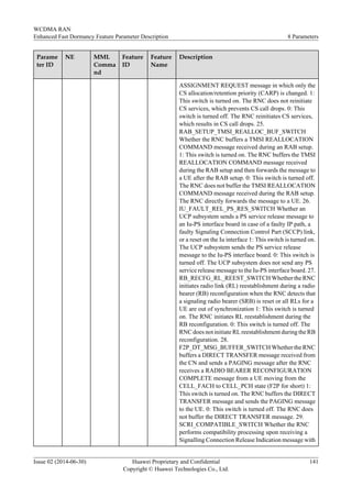 Parame
ter ID
NE MML
Comma
nd
Feature
ID
Feature
Name
Description
ASSIGNMENT REQUEST message in which only the
CS allocation/retention priority (CARP) is changed. 1:
This switch is turned on. The RNC does not reinitiate
CS services, which prevents CS call drops. 0: This
switch is turned off. The RNC reinitiates CS services,
which results in CS call drops. 25.
RAB_SETUP_TMSI_REALLOC_BUF_SWITCH
Whether the RNC buffers a TMSI REALLOCATION
COMMAND message received during an RAB setup.
1: This switch is turned on. The RNC buffers the TMSI
REALLOCATION COMMAND message received
during the RAB setup and then forwards the message to
a UE after the RAB setup. 0: This switch is turned off.
The RNC does not buffer the TMSI REALLOCATION
COMMAND message received during the RAB setup.
The RNC directly forwards the message to a UE. 26.
IU_FAULT_REL_PS_RES_SWITCH Whether an
UCP subsystem sends a PS service release message to
an Iu-PS interface board in case of a faulty IP path, a
faulty Signaling Connection Control Part (SCCP) link,
or a reset on the Iu interface 1: This switch is turned on.
The UCP subsystem sends the PS service release
message to the Iu-PS interface board. 0: This switch is
turned off. The UCP subsystem does not send any PS
service release message to the Iu-PS interface board. 27.
RB_RECFG_RL_REEST_SWITCH Whether the RNC
initiates radio link (RL) reestablishment during a radio
bearer (RB) reconfiguration when the RNC detects that
a signaling radio bearer (SRB) is reset or all RLs for a
UE are out of synchronization 1: This switch is turned
on. The RNC initiates RL reestablishment during the
RB reconfiguration. 0: This switch is turned off. The
RNC does not initiate RL reestablishment during the RB
reconfiguration. 28.
F2P_DT_MSG_BUFFER_SWITCH Whether the RNC
buffers a DIRECT TRANSFER message received from
the CN and sends a PAGING message after the RNC
receives a RADIO BEARER RECONFIGURATION
COMPLETE message from a UE moving from the
CELL_FACH to CELL_PCH state (F2P for short) 1:
This switch is turned on. The RNC buffers the DIRECT
TRANSFER message and sends the PAGING message
to the UE. 0: This switch is turned off. The RNC does
not buffer the DIRECT TRANSFER message. 29.
SCRI_COMPATIBLE_SWITCH Whether the RNC
performs compatibility processing upon receiving a
Signalling Connection Release Indication message with
WCDMA RAN
Enhanced Fast Dormancy Feature Parameter Description 8 Parameters
Issue 02 (2014-06-30) Huawei Proprietary and Confidential
Copyright © Huawei Technologies Co., Ltd.
141
 