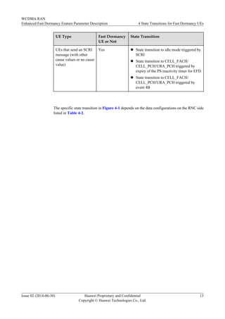 UE Type Fast Dormancy
UE or Not
State Transition
UEs that send an SCRI
message (with other
cause values or no cause
value)
Yes l State transition to idle mode triggered by
SCRI
l State transition to CELL_FACH/
CELL_PCH/URA_PCH triggered by
expiry of the PS inactivity timer for EFD
l State transition to CELL_FACH/
CELL_PCH/URA_PCH triggered by
event 4B
The specific state transition in Figure 4-1 depends on the data configurations on the RNC side
listed in Table 4-2.
WCDMA RAN
Enhanced Fast Dormancy Feature Parameter Description 4 State Transitions for Fast Dormancy UEs
Issue 02 (2014-06-30) Huawei Proprietary and Confidential
Copyright © Huawei Technologies Co., Ltd.
13
 