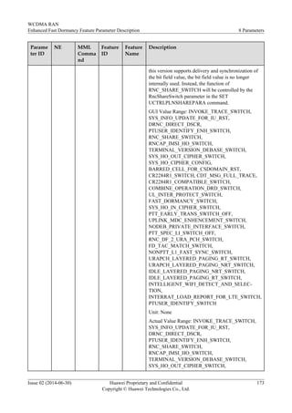 Parame
ter ID
NE MML
Comma
nd
Feature
ID
Feature
Name
Description
this version supports delivery and synchronization of
the bit field value, the bit field value is no longer
internally used. Instead, the function of
RNC_SHARE_SWITCH will be controlled by the
RncShareSwitch parameter in the SET
UCTRLPLNSHAREPARA command.
GUI Value Range: INVOKE_TRACE_SWITCH,
SYS_INFO_UPDATE_FOR_IU_RST,
DRNC_DIRECT_DSCR,
PTUSER_IDENTIFY_ENH_SWITCH,
RNC_SHARE_SWITCH,
RNCAP_IMSI_HO_SWITCH,
TERMINAL_VERSION_DEBASE_SWITCH,
SYS_HO_OUT_CIPHER_SWITCH,
SYS_HO_CIPHER_CONFIG,
BARRED_CELL_FOR_CSDOMAIN_RST,
CR2284R1_SWITCH, CDT_MSG_FULL_TRACE,
CR2284R1_COMPATIBLE_SWITCH,
COMBINE_OPERATION_DRD_SWITCH,
UL_INTER_PROTECT_SWITCH,
FAST_DORMANCY_SWITCH,
SYS_HO_IN_CIPHER_SWITCH,
PTT_EARLY_TRANS_SWITCH_OFF,
UPLINK_MDC_ENHENCEMENT_SWITCH,
NODEB_PRIVATE_INTERFACE_SWITCH,
PTT_SPEC_LI_SWITCH_OFF,
RNC_DF_2_URA_PCH_SWITCH,
FD_TAC_MATCH_SWITCH,
NONPTT_L1_FAST_SYNC_SWITCH,
URAPCH_LAYERED_PAGING_RT_SWITCH,
URAPCH_LAYERED_PAGING_NRT_SWITCH,
IDLE_LAYERED_PAGING_NRT_SWITCH,
IDLE_LAYERED_PAGING_RT_SWITCH,
INTELLIGENT_WIFI_DETECT_AND_SELEC-
TION,
INTERRAT_LOAD_REPORT_FOR_LTE_SWITCH,
PTUSER_IDENTIFY_SWITCH
Unit: None
Actual Value Range: INVOKE_TRACE_SWITCH,
SYS_INFO_UPDATE_FOR_IU_RST,
DRNC_DIRECT_DSCR,
PTUSER_IDENTIFY_ENH_SWITCH,
RNC_SHARE_SWITCH,
RNCAP_IMSI_HO_SWITCH,
TERMINAL_VERSION_DEBASE_SWITCH,
SYS_HO_OUT_CIPHER_SWITCH,
WCDMA RAN
Enhanced Fast Dormancy Feature Parameter Description 8 Parameters
Issue 02 (2014-06-30) Huawei Proprietary and Confidential
Copyright © Huawei Technologies Co., Ltd.
173
 