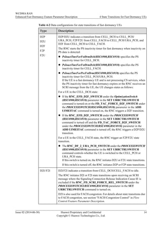 Table 4-2 Data configurations for state transitions of fast dormancy UEs
Type Description
D2P
D2U
D2F
F2P
F2U
D2P/D2U indicates a transition from CELL_DCH to CELL_PCH/
URA_PCH, F2P/F2U from CELL_FACH to CELL_PCH/URA_PCH, and
D2F from CELL_DCH to CELL_FACH.
The RNC starts the PS inactivity timer for fast dormancy when inactivity on
PS data is detected.
l PsInactTmrForFstDrmDch(BSC6900,BSC6910) specifies the PS
inactivity timer for CELL_DCH.
l PsInactTmrForFstDrmDch(BSC6900,BSC6910) specifies the PS
inactivity timer for CELL_FACH.
l PsInactTmrForPreFstDrm(BSC6900,BSC6910) specifies the PS
inactivity timer for CELL_PCH/URA_PCH.
If the UE is a fast dormancy UE and is not processing CS services, when
the PS inactivity timer for fast dormancy expires or the RNC receives an
SCRI message from the UE, the UE changes states as follows:
For a UE in the CELL_DCH state:
l If the RNC_EFD_D2F_SWITCH under the OptimizationSwitch
(BSC6900,BSC6910) parameter in the SET URRCTRLSWITCH
command is turned on or the FD_TAC_FORCE_D2F_SWITCH under
the PROCESSSWITCH(BSC6900,BSC6910) parameter in the ADD
UIMEITAC command is turned on, the RNC triggers a D2F transition.
l If the RNC_EFD_D2F_SWITCH under the PROCESSSWITCH
(BSC6900,BSC6910) parameter in the SET URRCTRLSWITCH
command is turned off and the FD_TAC_FORCE_D2F_SWITCH
under the PROCESSSWITCH(BSC6900,BSC6910) parameter in the
ADD UIMEITAC command is turned off, the RNC triggers a D2P/D2U
transition.
For a UE in the CELL_FACH state, the RNC trigger an F2P/F2U state
transition.
l The RNC_DF_2_URA_PCH_SWITCH under the PROCESSSWITCH
(BSC6900,BSC6910) parameter in the SET URRCTRLSWITCH
command controls whether the UE is switched to the CELL_PCH or
URA_PCH state.
If this switch is turned on, the RNC initiates D2U or F2U state transitions.
If this switch is turned off, the RNC initiates D2P or F2P state transitions.
D2I//F2I D2I/F2I indicates a transition from CELL_DCH/CELL_FACH to idle.
The RNC initiates D2I or F2I state transitions upon receiving an SCRI
message where the Signaling Connection Release Indication Cause IE is
excluded if the RNC_FD_SCRI_FORCE_REL_SWITCH under the
PROCESSSWITCH2(BSC6900,BSC6910) parameter in the SET
URRCTRLSWITCH command is turned on.
D2I is also used for FACH congestion. For details about state transitions due
to FACH congestion, see section "FACH Congestion Control" in Flow
Control Feature Parameter Description.
WCDMA RAN
Enhanced Fast Dormancy Feature Parameter Description 4 State Transitions for Fast Dormancy UEs
Issue 02 (2014-06-30) Huawei Proprietary and Confidential
Copyright © Huawei Technologies Co., Ltd.
14
 