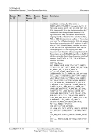 Parame
ter ID
NE MML
Comma
nd
Feature
ID
Feature
Name
Description
procedure is complete, the RNC returns a
RELOCATION COMPLETE message to the CN. 25)
PRI_LDR_SYSHO_OUT_USE_SELECT_OPT_SWI
TCH (Optimize UE Selection for Outgoing Inter-RAT
Handover in Basic Congestion) Whether the LDR
algorithm on the RNC side updates the attribute of
outgoing inter-RAT handover for a UE after an F2D,
P2D, or D2D state transition procedure. 1: This switch
is set to on. The LDR algorithm on the RNC side updates
the attribute of outgoing inter-RAT handover for a UE
after an F2D, P2D, or D2D state transition procedure.
In this way, the LDR algorithm on the RNC side can
select appropriate UEs for outgoing inter-RAT
handovers when the cell is in basic congestion state. 0:
This switch is set to off. The LDR algorithm on the RNC
side does not update the attribute of outgoing inter-RAT
handover for a UE after an F2D, P2D, or D2D state
transition procedure.
GUI Value Range:
SYS_RELOC_OUT_SUCC_STAT_OPT_SWITCH
(SYS_RELOC_OUT_SUCC_STAT_OPT_SWITCH),
RL_REEST_PS_ON_FACH_SWITCH
(RL_REEST_PS_ON_FACH_SWITCH),
CELLUPDATE_MEASUREMENT_OPT_SWITCH
(CELLUPDATE_MEASUREMENT_OPT_SWITCH
), D2F_PROCEDURE_OPTIMIZATION_SWITCH
(D2F_PROCEDURE_OPTIMIZATION_SWITCH),
F2D_PROCEDURE_OPTIMIZATION_SWITCH
(F2D_PROCEDURE_OPTIMIZATION_SWITCH),
FOREVER_PCH_CTRL_PLANE_SHARE_OPT
(FOREVER_PCH_CTRL_PLANE_SHARE_OPT),
FOREVER_PCH_USER_PLANE_SHARE_OPT
(FOREVER_PCH_USER_PLANE_SHARE_OPT),
RAB_REL_SRV_CELL_CHG_CROSS_SWITCH
(RAB_REL_SRV_CELL_CHG_CROSS_SWITCH),
SCRIWITHCAUSE_OVERLAP_SWITCH
(SCRIWITHCAUSE_OVERLAP_SWITCH),
P2F_CUC_REPEAT_SWITCH
(P2F_CUC_REPEAT_SWITCH),
UU_ABN_REL_INFO_NOTIFY_NODEB_SWITCH
(UU_ABN_REL_INFO_NOTIFY_NODEB_SWITC
H),
D2F_AM_PROCEDURE_OPTIMIZATION_SWITC
H
(D2F_AM_PROCEDURE_OPTIMIZATION_SWIT
CH),
WCDMA RAN
Enhanced Fast Dormancy Feature Parameter Description 8 Parameters
Issue 02 (2014-06-30) Huawei Proprietary and Confidential
Copyright © Huawei Technologies Co., Ltd.
185
 