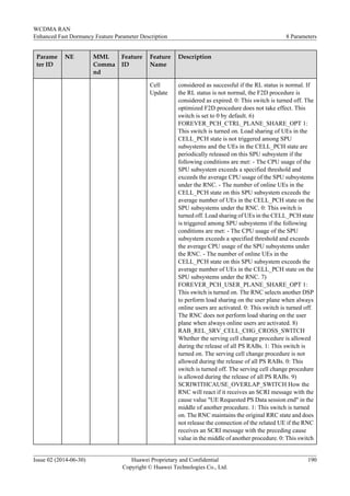 Parame
ter ID
NE MML
Comma
nd
Feature
ID
Feature
Name
Description
Cell
Update
considered as successful if the RL status is normal. If
the RL status is not normal, the F2D procedure is
considered as expired. 0: This switch is turned off. The
optimized F2D procedure does not take effect. This
switch is set to 0 by default. 6)
FOREVER_PCH_CTRL_PLANE_SHARE_OPT 1:
This switch is turned on. Load sharing of UEs in the
CELL_PCH state is not triggered among SPU
subsystems and the UEs in the CELL_PCH state are
periodically released on this SPU subsystem if the
following conditions are met: - The CPU usage of the
SPU subsystem exceeds a specified threshold and
exceeds the average CPU usage of the SPU subsystems
under the RNC. - The number of online UEs in the
CELL_PCH state on this SPU subsystem exceeds the
average number of UEs in the CELL_PCH state on the
SPU subsystems under the RNC. 0: This switch is
turned off. Load sharing of UEs in the CELL_PCH state
is triggered among SPU subsystems if the following
conditions are met: - The CPU usage of the SPU
subsystem exceeds a specified threshold and exceeds
the average CPU usage of the SPU subsystems under
the RNC. - The number of online UEs in the
CELL_PCH state on this SPU subsystem exceeds the
average number of UEs in the CELL_PCH state on the
SPU subsystems under the RNC. 7)
FOREVER_PCH_USER_PLANE_SHARE_OPT 1:
This switch is turned on. The RNC selects another DSP
to perform load sharing on the user plane when always
online users are activated. 0: This switch is turned off.
The RNC does not perform load sharing on the user
plane when always online users are activated. 8)
RAB_REL_SRV_CELL_CHG_CROSS_SWITCH
Whether the serving cell change procedure is allowed
during the release of all PS RABs. 1: This switch is
turned on. The serving cell change procedure is not
allowed during the release of all PS RABs. 0: This
switch is turned off. The serving cell change procedure
is allowed during the release of all PS RABs. 9)
SCRIWITHCAUSE_OVERLAP_SWITCH How the
RNC will react if it receives an SCRI message with the
cause value "UE Requested PS Data session end" in the
middle of another procedure. 1: This switch is turned
on. The RNC maintains the original RRC state and does
not release the connection of the related UE if the RNC
receives an SCRI message with the preceding cause
value in the middle of another procedure. 0: This switch
WCDMA RAN
Enhanced Fast Dormancy Feature Parameter Description 8 Parameters
Issue 02 (2014-06-30) Huawei Proprietary and Confidential
Copyright © Huawei Technologies Co., Ltd.
190
 