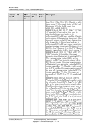 Parame
ter ID
NE MML
Comma
nd
Feature
ID
Feature
Name
Description
from CELL_PCH to CELL_DCH. When this switch is
turned on, the PE BE service is limited to 8 kbit/s or 0
kbit/s on the DCH after the UE transits from
CELL_PCH to CELL_DCH. 16.
PERFENH_BASE_RES_BE_TTI_DELAY_SWITCH
: Whether the RNC starts a delay timer when the
algorithm for fairness-based handovers for
differentiated HSUPA TTI users is enabled. When this
switch is turned off, the delay timer does not start. When
this switch is turned on, the RNC starts the delay timer
after the algorithm for fairness-based handovers for
differentiated HSUPA TTI users us used to establish or
modify a throughput measurement. The handover from
HSUPPA 2 ms TTI users to 10 ms HSUPPA TTI users
cannot be triggered when the delay timer is running. 17.
PERFENH_BASE_ADM_CE_TTI2MS_LIMIT_SWI
TCH: Whether the RNC considers CE resource
congestion status of the target cell for admitting HSUPA
UEs when determining whether HSUPA services
support 2 ms TTI. When this switch is turned off, the
RNC does not consider CE resource congestion status
of the target cell when determining whether the HSUPA
services support 2 ms TTI. When this switch is turned
on, the RNC considers CE resource congestion status of
the target cell when determining whether the HSUPA
services support 2 ms TTI. If the CE resources are
congested, only HSUPA 10 ms TTI UEs are admitted.
18.
PERFENH_OLPC_SIRTAR_RESEND_SWITCH:
Whether the RNC sends the FP data frames that contain
the information element (IE) "Sir Target" to the NodeB
after service setup or reconfiguration succeeds and the
NodeB then adjusts inner loop power control based on
the configured target SIR value and actual target SIR
value. When this switch is turned off, the FP data frames
do not contain the IE "Sir Target". When this switch is
turned on, the RNC sends FP data frames that contain
the IE "Sir Target" to the NodeB for up to four times at
an interval of 1s. 19.
PERFENH_F2P_LIMIT_WITH_CS_IU_CON_SWIT
CH: Whether the RNC allows a UE to set up CS services
during a decision for state transition from CELL_FACH
to CELL_PCH or URA_PCH (F2P). When this switch
is turned off, the RNC does not allow the UE to set up
the CS service and continues performing the decision
for F2P state transition if a UE initiates a CS service
during a decision for F2P state transition. When this
WCDMA RAN
Enhanced Fast Dormancy Feature Parameter Description 8 Parameters
Issue 02 (2014-06-30) Huawei Proprietary and Confidential
Copyright © Huawei Technologies Co., Ltd.
235
 