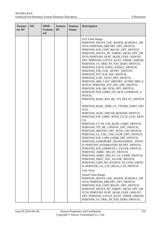 Parame
ter ID
NE MML
Comma
nd
Feature
ID
Feature
Name
Description
GUI Value Range:
PERFENH_HSUPA_LOC_BASED_SCHEDUL_SW
ITCH, PERFENH_HRETRY_OPT_SWITCH,
PERFENH_IUR_CSPS_RELOC_OPT_SWITCH,
PERFENH_HSUPA_PO_THROU_MEAS_OPT_SW
ITCH, PERFENH_OLPC_BLER_COEF_ADJUST-
OPT, PERFENH_LITTLE_RATE_TIMER_AMEND,
PERFENH_CS_TRIG_PS_P2D_ZERO_SWITCH,
PERFENH_FACH_CONG_D2IDLE_SWITCH,
PERFENH_P2D_FAIL_RETRY_SWITCH,
PERFENH_PTT_IUR_D2F_SWITCH,
PERFENH_LOW_VELO_OPT_SWITCH,
PERFENH_SRB_FAST_HRETRY_AFTER_DRD_S
WITCH, PERFENH_PTT_H2F_OPT_SWITCH,
PERFENH_IUR_DB_TICK_OPT_SWITCH,
PERFENH_P2D_LIMIT_ON_DCH_LOWRATE_S
WITCH,
PERFENH_BASE_RES_BE_TTI_DELAY_SWITCH
,
PERFENH_BASE_ADM_CE_TTI2MS_LIMIT_SWI
TCH,
PERFENH_OLPC_SIRTAR_RESEND_SWITCH,
PERFENH_F2P_LIMIT_WITH_CS_IU_CON_SWIT
CH,
PERFENH_CS_PS_F2H_RATE_LIMIT_SWITCH,
PERFENH_TTI_MC_UPDATE_OPT_SWITCH,
PERFENH_HRETRY_OPT_WITH_CM_SWITCH,
PERFENH_UL_CHL_CHG_OLPC_OPT_SWITCH,
PERFENH_IUR_CSPS_COMB_OPT_SWITCH,
PERFENH_GSMOPGRP_TRANSTOSRNC_SWITC
H, PERFENH_INTERRATHO_RETRY_SWITCH,
PERFENH_ICR_GSMNCELL_FILTER_SWITCH,
PERFENH_AMRC_DELAY_SWITCH,
PERFENH_AMRC_DELAY_UE_COMP_SWITCH,
PERFENH_SMLC_D2F_ALLOW_SWITCH,
PERFENH_CSPS_NO_RATEUP_IN_CONJ_SWITC
H, PERFENH_UE_LTE_MEAS_CAP_SWITCH
Unit: None
Actual Value Range:
PERFENH_HSUPA_LOC_BASED_SCHEDUL_SW
ITCH, PERFENH_HRETRY_OPT_SWITCH,
PERFENH_IUR_CSPS_RELOC_OPT_SWITCH,
PERFENH_HSUPA_PO_THROU_MEAS_OPT_SW
ITCH, PERFENH_OLPC_BLER_COEF_ADJUST-
OPT, PERFENH_LITTLE_RATE_TIMER_AMEND,
PERFENH_CS_TRIG_PS_P2D_ZERO_SWITCH,
WCDMA RAN
Enhanced Fast Dormancy Feature Parameter Description 8 Parameters
Issue 02 (2014-06-30) Huawei Proprietary and Confidential
Copyright © Huawei Technologies Co., Ltd.
239
 