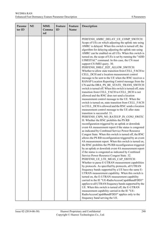 Parame
ter ID
NE MML
Comma
nd
Feature
ID
Feature
Name
Description
PERFENH_AMRC_DELAY_UE_COMP_SWITCH:
Scope of UEs on which adjusting the uplink rate using
AMRC is delayed. When this switch is turned off, the
algorithm for delaying adjusting the uplink rate using
AMRC can be enabled on all UEs. When this switch is
turned on, the scope of UEs is set by running the "ADD
UIMEITAC" command. In this case, the CN must
support CS IMEI query. 30.
PERFENH_SMLC_D2F_ALLOW_SWITCH:
Whether to allow state transition from CELL_FACH to
CELL_DCH and a location measurement control
message to be sent to the UE when the RNC receives a
RANAP Location Reporting Control message from the
CN and the DRA_PS_BE_STATE_TRANS_SWITCH
switch is turned off. When this switch is turned off, state
transition from CELL_FACH to CELL_DCH is not
allowed and the RNC does not send a location
measurement control message to the UE. When the
switch is turned on, state transition from CELL_FACH
to CELL_DCH is allowed and the RNC sends a location
measurement control message to the UE after state
transition is successful. 31.
PERFENH_CSPS_NO_RATEUP_IN_CONJ_SWITC
H: Whether the RNC prohibits the PS RB
reconfiguration triggered by an uplink or downlink
event 4A measurement report if the status is congested
as indicated by Combined Service Power Resource
Congest State. When this switch is turned off, the RNC
allows the PS RB reconfiguration triggered by an event
4A measurement report. When this switch is turned on,
the RNC prohibits the PS RB reconfiguration triggered
by an uplink or downlink event 4A measurement report
if the status is congested as indicated by Combined
Service Power Resource Congest State. 32.
PERFENH_UE_LTE_MEAS_CAP_SWITCH:
Whether to parse E-UTRAN measurement capabilities
by protocols. As specified by protocols, all UTRAN
frequency bands supported by a UE have the same E-
UTRAN measurement capability. When this switch is
turned on, the E-UTRAN measurement capability
carried in the IE "UE-RadioAccessCapabBandFDD3"
applies to all UTRAN frequency bands supported by the
UE. When this switch is turned off, the E-UTRAN
measurement capability carried in the IE "UE-
RadioAccessCapabBandFDD3" applies only to the
frequency band serving the UE.
WCDMA RAN
Enhanced Fast Dormancy Feature Parameter Description 8 Parameters
Issue 02 (2014-06-30) Huawei Proprietary and Confidential
Copyright © Huawei Technologies Co., Ltd.
248
 