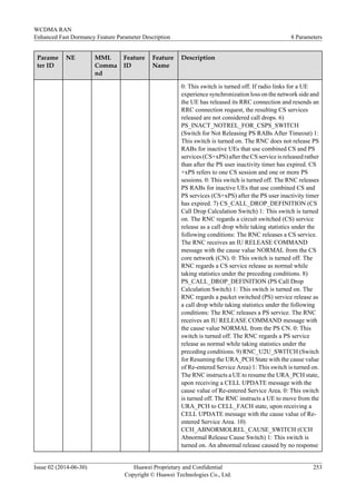 Parame
ter ID
NE MML
Comma
nd
Feature
ID
Feature
Name
Description
0: This switch is turned off. If radio links for a UE
experience synchronization loss on the network side and
the UE has released its RRC connection and resends an
RRC connection request, the resulting CS services
released are not considered call drops. 6)
PS_INACT_NOTREL_FOR_CSPS_SWITCH
(Switch for Not Releasing PS RABs After Timeout) 1:
This switch is turned on. The RNC does not release PS
RABs for inactive UEs that use combined CS and PS
services (CS+xPS) after the CS service is released rather
than after the PS user inactivity timer has expired. CS
+xPS refers to one CS session and one or more PS
sessions. 0: This switch is turned off. The RNC releases
PS RABs for inactive UEs that use combined CS and
PS services (CS+xPS) after the PS user inactivity timer
has expired. 7) CS_CALL_DROP_DEFINITION (CS
Call Drop Calculation Switch) 1: This switch is turned
on. The RNC regards a circuit switched (CS) service
release as a call drop while taking statistics under the
following conditions: The RNC releases a CS service.
The RNC receives an IU RELEASE COMMAND
message with the cause value NORMAL from the CS
core network (CN). 0: This switch is turned off. The
RNC regards a CS service release as normal while
taking statistics under the preceding conditions. 8)
PS_CALL_DROP_DEFINITION (PS Call Drop
Calculation Switch) 1: This switch is turned on. The
RNC regards a packet switched (PS) service release as
a call drop while taking statistics under the following
conditions: The RNC releases a PS service. The RNC
receives an IU RELEASE COMMAND message with
the cause value NORMAL from the PS CN. 0: This
switch is turned off. The RNC regards a PS service
release as normal while taking statistics under the
preceding conditions. 9) RNC_U2U_SWITCH (Switch
for Resuming the URA_PCH State with the cause value
of Re-entered Service Area) 1: This switch is turned on.
The RNC instructs a UE to resume the URA_PCH state,
upon receiving a CELL UPDATE message with the
cause value of Re-entered Service Area. 0: This switch
is turned off. The RNC instructs a UE to move from the
URA_PCH to CELL_FACH state, upon receiving a
CELL UPDATE message with the cause value of Re-
entered Service Area. 10)
CCH_ABNORMOLREL_CAUSE_SWITCH (CCH
Abnormal Release Cause Switch) 1: This switch is
turned on. An abnormal release caused by no response
WCDMA RAN
Enhanced Fast Dormancy Feature Parameter Description 8 Parameters
Issue 02 (2014-06-30) Huawei Proprietary and Confidential
Copyright © Huawei Technologies Co., Ltd.
253
 