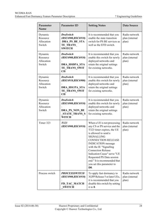 Parameter
Name
Parameter ID Setting Notes Data Source
Dynamic
Resource
Allocation
Switch
DraSwitch
(BSC6900,BSC6910)
:DRA_PS_BE_STA
TE_TRANS_
SWITCH
It is recommended that you
enable the state transition
switch for PS BE services as
well as the EFD switch.
Radio network
plan (internal
plan)
Dynamic
Resource
Allocation
Switch
DraSwitch
(BSC6900,BSC6910)
:
DRA_HSDPA_STA
TE_TRANS_SWIT
CH
It is recommended that you
enable this switch for newly
deployed networks and
retain the original settings
for existing networks.
Radio network
plan (internal
plan)
Dynamic
Resource
Allocation
Switch
DraSwitch
(BSC6910,BSC6900)
:
DRA_HSUPA_STA
TE_TRANS_SWIT
CH
It is recommended that you
enable this switch for newly
deployed networks and
retain the original settings
for existing networks.
Radio network
plan (internal
plan)
Dynamic
Resource
Allocation
Switch
DraSwitch
(BSC6900,BSC6910)
:
DRA_PS_NON_BE
_STATE_TRANS_S
WITCH
It is recommended that you
enable this switch for newly
deployed networks and
retain the original settings
for existing networks.
Radio network
plan (internal
plan)
Timer 323 T323
(BSC6900,BSC6910)
When a UE is not processing
any CS or PS service and the
T323 timer expires, the UE
is allowed to send a
SIGNALLING
CONNECTION RELEASE
INDICATION message
with the IE "Signalling
Connection Release
Indication Cause" set to "UE
Requested PS Data session
end." It is recommended that
you set this parameter to
D0.
Radio network
plan (internal
plan)
Process switch PROCESSSWITCH
(BSC6900,BSC6910)
:
FD_TAC_MATCH
_SWITCH
To apply fast dormancy to
3GPP Release 5 or later UEs,
it is recommended that you
disable this switch by setting
it to 0.
Radio network
plan (internal
plan)
WCDMA RAN
Enhanced Fast Dormancy Feature Parameter Description 7 Engineering Guidelines
Issue 02 (2014-06-30) Huawei Proprietary and Confidential
Copyright © Huawei Technologies Co., Ltd.
24
 