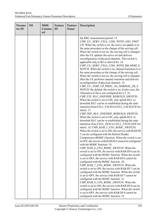 Parame
ter ID
NE MML
Comma
nd
Feature
ID
Feature
Name
Description
the RRC measurement period. 13.
CMP_UU_SERV_CELL_CHG_WITH_ASU_SWIT
CH: When the switch is on, the active set update is in
the same procedure as the change of the serving cell.
When the switch is not on, the serving cell is changed
after the UE updates the active set and delivers
reconfiguration of physical channels. This switch is
applicable only to R6 or aboveUEs. 14.
CMP_UU_SERV_CELL_CHG_WITH_RB_MOD_S
WITCH: When the switch is on, channel transition is in
the same procedure as the change of the serving cell.
When the switch is not on, the serving cell is changed
after the UE performs channel transition and delivers
reconfiguration of physical channels. 15.
CMP_UU_VOIP_UP_PROC_AS_NORMAL_PS_S
WITCH: By default, the switch is on. In this case, the
Alternative E-bit is not configured for L2. 16.
CMP_F2F_RLC_ONESIDE_REBUILD_SWITCH:
When the switch is set to ON, only uplink RLC or
downlink RLC can be re-established during the state
transition from CELL_FACH to CELL_FACH (F2F for
short). 17.
CMP_D2F_RLC_ONESIDE_REBUILD_SWITCH:
When the switch is set to ON, only uplink RLC or
downlink RLC can be re-established during the state
transition from CELL_DCH to CELL_FACH (D2F for
short). 18. CMP_RAB_5_CFG_ROHC_SWITCH:
When the switch is set to ON, the service with RAB ID
5 can be configured with the Robust Header
Compression (ROHC) function. When the switch is set
to OFF, the service with RAB ID 5 cannot be configured
with the ROHC function. 19.
CMP_RAB_6_CFG_ROHC_SWITCH: When the
switch is set to ON, the service with RAB ID 6 can be
configured with the ROHC function. When the switch
is set to OFF, the service with RAB ID 6 cannot be
configured with the ROHC function. 20.
CMP_RAB_7_CFG_ROHC_SWITCH: When the
switch is set to ON, the service with RAB ID 7 can be
configured with the ROHC function. When the switch
is set to OFF, the service with RAB ID 7 cannot be
configured with the ROHC function. 21.
CMP_RAB_8_CFG_ROHC_SWITCH: When the
switch is set to ON, the service with RAB ID 8 can be
configured with the ROHC function. When the switch
is set to OFF, the service with RAB ID 8 cannot be
configured with the ROHC function. 22.
WCDMA RAN
Enhanced Fast Dormancy Feature Parameter Description 8 Parameters
Issue 02 (2014-06-30) Huawei Proprietary and Confidential
Copyright © Huawei Technologies Co., Ltd.
283
 