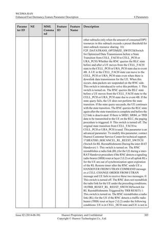 Parame
ter ID
NE MML
Comma
nd
Feature
ID
Feature
Name
Description
other subracks only when the amount of consumed DPU
resources in this subrack exceeds a preset threshold for
inter-subrack resource sharing. 16)
F2P_DATATRANS_OPTIMIZE_SWITCH(Switch
for Optimized Data Transmission before a State
Transition from CELL_FACH to CELL_PCH or
URA_PCH) Whether the RNC queries the RLC state
before and after a UE moves from the CELL_FACH
state to the CELL_PCH or URA_PCH state due to event
4B. A UE in the CELL_FACH state can move to the
CELL_PCH or URA_PCH state even when there is
downlink data transmission for the UE. When this
occurs, data packets are suspended on the RNC side.
This switch is introduced to solve this problem. 1: This
switch is turned on. The RNC queries the RLC state
before a UE moves from the CELL_FACH state to the
CELL_PCH or URA_PCH state due to event 4B. If the
state query fails, the UE does not perform the state
transition. If the state query succeeds, the UE continues
with the state transition. The RNC queries the RLC state
again after the state transition is complete and before the
L2 link is deactivated. If there is SRB3, SRB4, or TRB
data to be transmitted to the UE on the RLC, the paging
procedure is triggered. 0: This switch is turned off. The
original state transition from CELL_FACH to
CELL_PCH or URA_PCH is used. This parameter is an
advanced parameter. To modify this parameter, contact
Huawei Customer Service Center for technical support.
17)IRATHO_HOCANCEL_RL_REEST_SWITCH
(Switch for RL Reestablishments During the inter-RAT
Handover) 1: This switch is turned on. The RNC
reestablishes a radio link (RL) for the UE during a inter-
RAT Handover procedure if the RNC detects a signaling
radio bearer (SRB) reset at layer 2 (L2) or all uplink RLs
for the UE are out of synchronization upon expiration
of the RL Restore timer after the RNC sends UE a
HANDOVER FROM UTRAN COMMAND message
or a CELL CHANGE ORDER FROM UTRAN
message and UE fails to receive these two messages. 0:
This switch is turned off. The RNC does not reestablish
the radio link for the UE under the preceding conditions.
18)TRB_RESET_RL_REEST_SWITCH(Switch for
RL Reestablishments Triggered by TRB RESET) 1:
This switch is turned on. The RNC reestablishes a radio
link (RL) for the UE if the RNC detects a traffic radio
bearer (TRB) reset at layer 2 (L2) under the following
conditions: UE is in CELL_DCH state and UE is not in
WCDMA RAN
Enhanced Fast Dormancy Feature Parameter Description 8 Parameters
Issue 02 (2014-06-30) Huawei Proprietary and Confidential
Copyright © Huawei Technologies Co., Ltd.
305
 