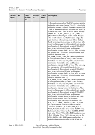 Parame
ter ID
NE MML
Comma
nd
Feature
ID
Feature
Name
Description
1: This switch is turned on. The RNC continues with the
cell update processing when the T314/T315 timer in the
cell update message expires. 0: This switch is turned off.
The RNC abnormally releases the connection of the UE
when the T314/T315 timer in the cell update message
expires. 12) CS_HHO_ASYNC_CTRL_SWITCH
(Asynchronous Reconfigure Switch for CS HHO) 1:
This switch is turned on. The RNC does not put the
activation time information element (IE) in the hard
handover configuration message for CS services. After
receiving the message, the UE immediately activates the
configuration. 0: This switch is turned off. The RNC
puts the activation time IE in the hard handover
configuration message for CS services. After receiving
the message, the UE activates the configuration at the
specified activation time. 13)
PS_HHO_ASYNC_CTRL_SWITCH(Asynchronous
Reconfigure Switch for PS HHO) 1: This switch is
turned on. The RNC does not put the activation time
information element (IE) in the hard handover
configuration message for PS services. After receiving
the message, the UE immediately activates the
configuration. 0: This switch is turned off. The RNC
puts the activation time IE in the hard handover
configuration message for PS services. After receiving
the message, the UE activates the configuration at the
specified activation time. 14)
IUR_HHO_ASYNC_CTRL_SWITCH(Asynchronous
Reconfigure Switch for Iur HHO) 1: This switch is
turned on. The RNC does not put the activation time
information element (IE) in the hard handover
configuration message across the Iur interface. After
receiving the message, the UE immediately activates the
configuration. 0: This switch is turned off. The RNC
puts the activation time IE in the hard handover
configuration message across the Iur interface. After
receiving the message, the UE activates the
configuration at the specified activation time. 15)
F2P_DATATRANS_OPTIMIZE_SWITCH(Switch
for Optimized Data Transmission before a State
Transition from CELL_FACH to CELL_PCH or
URA_PCH) Whether the RNC queries the RLC state
before and after a UE moves from the CELL_FACH
state to the CELL_PCH or URA_PCH state due to event
4B. A UE in the CELL_FACH state can move to the
CELL_PCH or URA_PCH state even when there is
downlink data transmission for the UE. When this
WCDMA RAN
Enhanced Fast Dormancy Feature Parameter Description 8 Parameters
Issue 02 (2014-06-30) Huawei Proprietary and Confidential
Copyright © Huawei Technologies Co., Ltd.
316
 