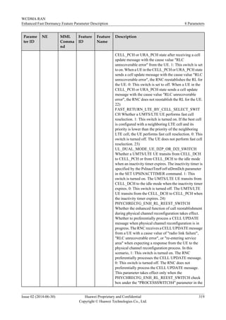 Parame
ter ID
NE MML
Comma
nd
Feature
ID
Feature
Name
Description
CELL_PCH or URA_PCH state after receiving a cell
update message with the cause value "RLC
unrecoverable error" from the UE. 1: This switch is set
to on. When a UE in the CELL_PCH or URA_PCH state
sends a cell update message with the cause value "RLC
unrecoverable error", the RNC reestablishes the RL for
the UE. 0: This switch is set to off. When a UE in the
CELL_PCH or URA_PCH state sends a cell update
message with the cause value "RLC unrecoverable
error", the RNC does not reestablish the RL for the UE.
22)
FAST_RETURN_LTE_BY_CELL_SELECT_SWIT
CH Whether a UMTS/LTE UE performs fast cell
reselection. 1: This switch is turned on. If the best cell
is configured with a neighboring LTE cell and its
priority is lower than the priority of the neighboring
LTE cell, the UE performs fast cell reselection. 0: This
switch is turned off. The UE does not perform fast cell
reselection. 23)
UL_DUAL_MODE_UE_D2P_OR_D2I_SWITCH
Whether a UMTS/LTE UE transits from CELL_DCH
to CELL_PCH or from CELL_DCH to the idle mode
when an inactivity timer expires. The inactivity timer is
specified by the PsInactTmrForFstDrmDch parameter
in the SET UPSINACTTIMER command. 1: This
switch is turned on. The UMTS/LTE UE transits from
CELL_DCH to the idle mode when the inactivity timer
expires. 0: This switch is turned off. The UMTS/LTE
UE transits from the CELL_DCH to CELL_PCH when
the inactivity timer expires. 24)
PHYCHRECFG_ENH_RL_REEST_SWITCH
Whether the enhanced function of call reestablishment
during physical channel reconfiguration takes effect.
Whether to preferentially process a CELL UPDATE
message when physical channel reconfiguration is in
progress. The RNC receives a CELL UPDATE message
from a UE with a cause value of "radio link failure",
"RLC unrecoverable error", or "re-entering service
area" when expecting a response from the UE to the
physical channel reconfiguration process. In this
scenario, 1: This switch is turned on. The RNC
preferentially processes the CELL UPDATE message.
0: This switch is turned off. The RNC does not
preferentially process the CELL UPDATE message.
This parameter takes effect only when the
PHYCHRECFG_ENH_RL_REEST_SWITCH check
box under the "PROCESSSWITCH4" parameter in the
WCDMA RAN
Enhanced Fast Dormancy Feature Parameter Description 8 Parameters
Issue 02 (2014-06-30) Huawei Proprietary and Confidential
Copyright © Huawei Technologies Co., Ltd.
319
 