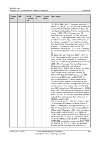 Parame
ter ID
NE MML
Comma
nd
Feature
ID
Feature
Name
Description
"SET URRCTRLSWITCH" command is selected. 25)
RBRECFG_ENH_RL_REEST_SWITCH Whether the
enhanced function of call reestablishment during RB
reconfiguration takes effect. Whether to preferentially
process a CELL UPDATE message when RB
reconfiguration is in progress. The RNC receives a
CELL UPDATE message from a UE with a cause value
of "radio link failure", "RLC unrecoverable error", or
"re-entering service area" when expecting a response
from the UE to the RB reconfiguration process. In this
scenario, 1: This switch is turned on. The RNC
preferentially processes the CELL UPDATE message.
It is recommended that this switch be used together with
the
RB_RLREEST_AM_TRB_RLC_REEST_SWITCH
in the "OptimizationSwitch4" parameter in the "SET
URRCTRLSWITCH" command. 0: This switch is
turned off. The RNC does not preferentially process the
CELL UPDATE message in the preceding scenario.
This parameter takes effect only when the
RB_RECFG_RL_REEST_SWITCH check box under
the "OptimizationSwitch" parameter in the "SET
URRCTRLSWITCH" command is selected. 26)
SMC_STOP_RLC_SWITCH Whether to stop RLC
entities (except RLC entities used by SRB2) for
security-mode-enabled UEs whose user signaling
(except cell-related signaling) is processed by their
overflow RNCs due to load sharing and that are in the
security mode. 1: This switch is turned on. The RNC
stops RLC entities (except RLC entities used by SRB2)
for such UEs. This prevents call drops that are caused
by the ciphering activation time inconsistency between
the UEs and RNC. 0: This switch is turned off. The RNC
suspends RLC entities (except RLC entities used by
SRB2) for such UEs. 27)
GTP_SN_IN_RAB_REL_INIT_BY_UTRAN_SWIT
CH Whether the RAB RELEASE REQUEST or IU
RELEASE COMPLETE message carries the IE GTP
PDU SN during the release procedure initiated by the
UTRAN of the PS domain. 1: This switch is turned on.
The RAB RELEASE REQUEST or IU RELEASE
COMPLETE message carries the IE GTP PDU SN. For
details, see 3GPP TS 25.413. 0: This switch is turned
off. The RAB RELEASE REQUEST or IU RELEASE
COMPLETE message does not carry the IE GTP PDU
SN. 28)CMP_IU_QOS_GTP_PDU_SN_SWITCH
Whether to allow the compatibility processing of
WCDMA RAN
Enhanced Fast Dormancy Feature Parameter Description 8 Parameters
Issue 02 (2014-06-30) Huawei Proprietary and Confidential
Copyright © Huawei Technologies Co., Ltd.
320
 
