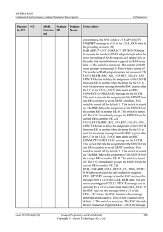 Parame
ter ID
NE MML
Comma
nd
Feature
ID
Feature
Name
Description
circumstance, the RNC sends a UE CAPABILITY
ENQUIRY message to a UE in the CELL_DCH state in
the preceding scenario. 20)
RAB_SETUP_CNT_CORRECT_SWITCH Whether
to measure the number of RAB setup attempts when the
cross processing of RAB setup and cell update fails or
the radio link reestablishment triggered by RAB setup
fails. 1: This switch is turned on. The number of RAB
setup attempts is measured. 0: This switch is turned off.
The number of RAB setup attempts is not measured. 21)
FACH_DCCH_RRC_REL_NO_RSP_DELAY_USE_
URNTI Whether to delay the assignment of the URNTI
from one UE to another when the timer for the UE to
wait for a response message from the RNC expires after
the UE in the CELL_FACH state sends an RRC
CONNECTION RELEASE message on the DCCH.
This switch prevents the assignment of the URNTI from
one UE to another to avoid URNTI conflicts. This
switch is turned off by default. 1: This switch is turned
on. The RNC delays the assignment of the URNTI from
the current UE to another UE. 0: This switch is turned
off. The RNC immediately assigns the URNTI from the
current UE to another UE. 22)
FACH_CCCH_RRC_REL_NO_RSP_DELAY_USE_
URNTI Whether to delay the assignment of the URNTI
from one UE to another when the timer for the UE to
wait for a response message from the RNC expires after
the UE in the CELL_FACH state sends an RRC
CONNECTION RELEASE message on the CCCH.
This switch prevents the assignment of the URNTI from
one UE to another to avoid URNTI conflicts. This
switch is turned off by default. 1: This switch is turned
on. The RNC delays the assignment of the URNTI from
the current UE to another UE. 0: This switch is turned
off. The RNC immediately assigns the URNTI from the
current UE to another UE. 23)
DCH_DISCARD_CELL_RESEL_CU_MSG_SWITC
H Whether to discard the cell reselection-triggered
CELL UPDATE message when the RNC receives this
message from a UE in the CELL_DCH state. The cell
reselection-triggered CELL UPDATE message can be
sent only by a UE in a state other than CELL_DCH. If
the RNC receives this message from a UE in the
CELL_DCH state, the RNC considers this message
abnormal and discards it. This switch is turned off by
default. 1: This switch is turned on. The RNC discards
the cell reselection-triggered CELL UPDATE message.
WCDMA RAN
Enhanced Fast Dormancy Feature Parameter Description 8 Parameters
Issue 02 (2014-06-30) Huawei Proprietary and Confidential
Copyright © Huawei Technologies Co., Ltd.
330
 