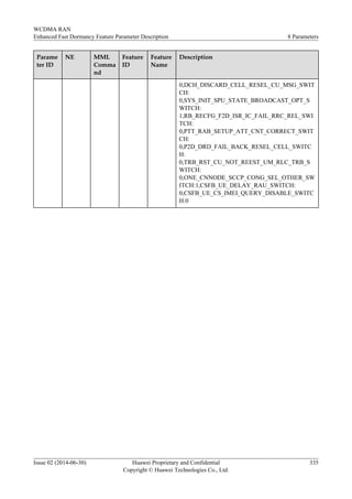 Parame
ter ID
NE MML
Comma
nd
Feature
ID
Feature
Name
Description
0,DCH_DISCARD_CELL_RESEL_CU_MSG_SWIT
CH:
0,SYS_INIT_SPU_STATE_BROADCAST_OPT_S
WITCH:
1,RB_RECFG_F2D_ISR_IC_FAIL_RRC_REL_SWI
TCH:
0,PTT_RAB_SETUP_ATT_CNT_CORRECT_SWIT
CH:
0,P2D_DRD_FAIL_BACK_RESEL_CELL_SWITC
H:
0,TRB_RST_CU_NOT_REEST_UM_RLC_TRB_S
WITCH:
0,ONE_CNNODE_SCCP_CONG_SEL_OTHER_SW
ITCH:1,CSFB_UE_DELAY_RAU_SWITCH:
0,CSFB_UE_CS_IMEI_QUERY_DISABLE_SWITC
H:0
WCDMA RAN
Enhanced Fast Dormancy Feature Parameter Description 8 Parameters
Issue 02 (2014-06-30) Huawei Proprietary and Confidential
Copyright © Huawei Technologies Co., Ltd.
335
 