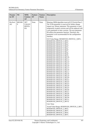 Parame
ter ID
NE MML
Comma
nd
Feature
ID
Feature
Name
Description
RsvSwit
ch2
BSC690
0
SET
UALGO
RSVPA
RA
None None Meaning: RRM algorithm reserved U32 Switch Para 2.
The 32-bit parameter is reserved for further change
request use. Disuse statement: This parameter is used
temporarily in patch versions and will be replaced with
a new parameter in later versions. The new parameter
ID reflects the parameter function. Therefore, this
parameter is not recommended for the configuration
interface.
GUI Value Range: RESERVED_SWITCH_2_BIT1,
RESERVED_SWITCH_2_BIT2,
RESERVED_SWITCH_2_BIT3,
RESERVED_SWITCH_2_BIT4,
RESERVED_SWITCH_2_BIT5,
RESERVED_SWITCH_2_BIT6,
RESERVED_SWITCH_2_BIT7,
RESERVED_SWITCH_2_BIT8,
RESERVED_SWITCH_2_BIT9,
RESERVED_SWITCH_2_BIT10,
RESERVED_SWITCH_2_BIT11,
RESERVED_SWITCH_2_BIT12,
RESERVED_SWITCH_2_BIT13,
RESERVED_SWITCH_2_BIT14,
RESERVED_SWITCH_2_BIT15,
RESERVED_SWITCH_2_BIT16,
RESERVED_SWITCH_2_BIT17,
RESERVED_SWITCH_2_BIT18,
RESERVED_SWITCH_2_BIT19,
RESERVED_SWITCH_2_BIT20,
RESERVED_SWITCH_2_BIT21,
RESERVED_SWITCH_2_BIT22,
RESERVED_SWITCH_2_BIT23,
RESERVED_SWITCH_2_BIT24,
RESERVED_SWITCH_2_BIT25,
RESERVED_SWITCH_2_BIT26,
RESERVED_SWITCH_2_BIT27,
RESERVED_SWITCH_2_BIT28,
RESERVED_SWITCH_2_BIT29,
RESERVED_SWITCH_2_BIT30,
RESERVED_SWITCH_2_BIT31,
RESERVED_SWITCH_2_BIT32
Unit: None
Actual Value Range: RESERVED_SWITCH_2_BIT1,
RESERVED_SWITCH_2_BIT2,
RESERVED_SWITCH_2_BIT3,
RESERVED_SWITCH_2_BIT4,
RESERVED_SWITCH_2_BIT5,
WCDMA RAN
Enhanced Fast Dormancy Feature Parameter Description 8 Parameters
Issue 02 (2014-06-30) Huawei Proprietary and Confidential
Copyright © Huawei Technologies Co., Ltd.
347
 