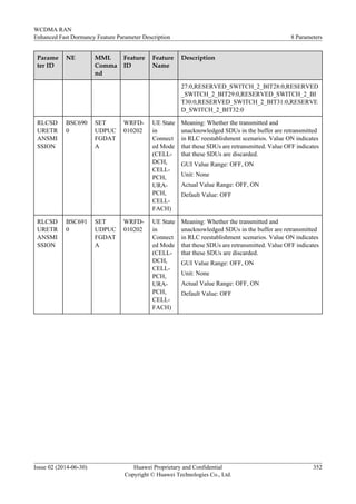 Parame
ter ID
NE MML
Comma
nd
Feature
ID
Feature
Name
Description
27:0,RESERVED_SWITCH_2_BIT28:0,RESERVED
_SWITCH_2_BIT29:0,RESERVED_SWITCH_2_BI
T30:0,RESERVED_SWITCH_2_BIT31:0,RESERVE
D_SWITCH_2_BIT32:0
RLCSD
URETR
ANSMI
SSION
BSC690
0
SET
UDPUC
FGDAT
A
WRFD-
010202
UE State
in
Connect
ed Mode
(CELL-
DCH,
CELL-
PCH,
URA-
PCH,
CELL-
FACH)
Meaning: Whether the transmitted and
unacknowledged SDUs in the buffer are retransmitted
in RLC reestablishment scenarios. Value ON indicates
that these SDUs are retransmitted. Value OFF indicates
that these SDUs are discarded.
GUI Value Range: OFF, ON
Unit: None
Actual Value Range: OFF, ON
Default Value: OFF
RLCSD
URETR
ANSMI
SSION
BSC691
0
SET
UDPUC
FGDAT
A
WRFD-
010202
UE State
in
Connect
ed Mode
(CELL-
DCH,
CELL-
PCH,
URA-
PCH,
CELL-
FACH)
Meaning: Whether the transmitted and
unacknowledged SDUs in the buffer are retransmitted
in RLC reestablishment scenarios. Value ON indicates
that these SDUs are retransmitted. Value OFF indicates
that these SDUs are discarded.
GUI Value Range: OFF, ON
Unit: None
Actual Value Range: OFF, ON
Default Value: OFF
WCDMA RAN
Enhanced Fast Dormancy Feature Parameter Description 8 Parameters
Issue 02 (2014-06-30) Huawei Proprietary and Confidential
Copyright © Huawei Technologies Co., Ltd.
352
 