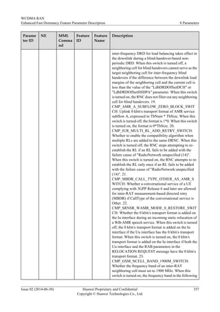 Parame
ter ID
NE MML
Comma
nd
Feature
ID
Feature
Name
Description
inter-frequency DRD for load balancing takes effect in
the downlink during a blind-handover-based non-
periodic DRD. When this switch is turned off, a
neighboring cell for blind handovers cannot serve as the
target neighboring cell for inter-frequency blind
handovers if the difference between the downlink load
margins of the neighboring cell and the current cell is
less than the value of the "LdbDRDOffsetDCH" or
"LdbDRDOffsetHSDPA" parameter. When this switch
is turned on, the RNC does not filter out any neighboring
cell for blind handovers. 19.
CMP_AMR_A_SUBFLOW_ZERO_BLOCK_SWIT
CH: Uplink 0 kbit/s transport format of AMR service
subflow A, expressed in TbNum * TbSize. When this
switch is turned off, the format is 1*0. When this switch
is turned on, the format is 0*TbSize. 20.
CMP_IUR_MULTI_RL_ADD_RETRY_SWITCH:
Whether to enable the compatibility algorithm when
multiple RLs are added to the same DRNC. When this
switch is turned off, the RNC stops attempting to re-
establish the RL if an RL fails to be added with the
failure cause of "RadioNetwork:unspecified (14)".
When this switch is turned on, the RNC attempts to re-
establish the RL only once if an RL fails to be added
with the failure cause of "RadioNetwork:unspecified
(14)". 21.
CMP_MBDR_CALL_TYPE_OTHER_AS_AMR_S
WITCH: Whether a conversational service of a UE
complying with 3GPP Release 6 and later are allowed
for inter-RAT measurement-based directed retry
(MBDR) if CallType of the conversational service is
Other. 22.
CMP_SRNSR_WAMR_MODE_0_RESTORE_SWIT
CH: Whether the 0 kbit/s transport format is added on
the Iu interface during an incoming static relocation of
a WB-AMR speech service. When this switch is turned
off, the 0 kbit/s transport format is added on the Iu
interface if the Uu interface has the 0 kbit/s transport
format. When this switch is turned on, the 0 kbit/s
transport format is added on the Iu interface if both the
Uu interface and the RAB parameters in the
RELOCATION REQUEST message have the 0 kbit/s
transport format. 23.
CMP_GSM_NCELL_BAND_1900M_SWITCH:
Whether the frequency band of an inter-RAT
neighboring cell must set to 1900 MHz. When this
switch is turned on, the frequency band in the following
WCDMA RAN
Enhanced Fast Dormancy Feature Parameter Description 8 Parameters
Issue 02 (2014-06-30) Huawei Proprietary and Confidential
Copyright © Huawei Technologies Co., Ltd.
357
 