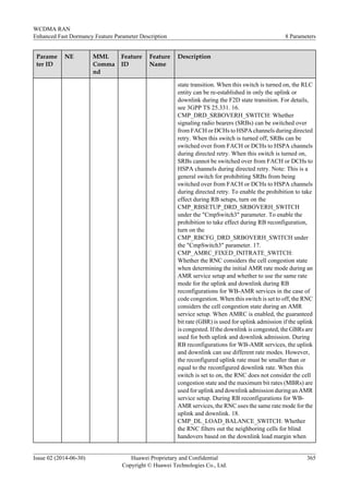 Parame
ter ID
NE MML
Comma
nd
Feature
ID
Feature
Name
Description
state transition. When this switch is turned on, the RLC
entity can be re-established in only the uplink or
downlink during the F2D state transition. For details,
see 3GPP TS 25.331. 16.
CMP_DRD_SRBOVERH_SWITCH: Whether
signaling radio bearers (SRBs) can be switched over
from FACH or DCHs to HSPA channels during directed
retry. When this switch is turned off, SRBs can be
switched over from FACH or DCHs to HSPA channels
during directed retry. When this switch is turned on,
SRBs cannot be switched over from FACH or DCHs to
HSPA channels during directed retry. Note: This is a
general switch for prohibiting SRBs from being
switched over from FACH or DCHs to HSPA channels
during directed retry. To enable the prohibition to take
effect during RB setups, turn on the
CMP_RBSETUP_DRD_SRBOVERH_SWITCH
under the "CmpSwitch3" parameter. To enable the
prohibition to take effect during RB reconfiguration,
turn on the
CMP_RBCFG_DRD_SRBOVERH_SWITCH under
the "CmpSwitch3" parameter. 17.
CMP_AMRC_FIXED_INITRATE_SWITCH:
Whether the RNC considers the cell congestion state
when determining the initial AMR rate mode during an
AMR service setup and whether to use the same rate
mode for the uplink and downlink during RB
reconfigurations for WB-AMR services in the case of
code congestion. When this switch is set to off, the RNC
considers the cell congestion state during an AMR
service setup. When AMRC is enabled, the guaranteed
bit rate (GBR) is used for uplink admission if the uplink
is congested. If the downlink is congested, the GBRs are
used for both uplink and downlink admission. During
RB reconfigurations for WB-AMR services, the uplink
and downlink can use different rate modes. However,
the reconfigured uplink rate must be smaller than or
equal to the reconfigured downlink rate. When this
switch is set to on, the RNC does not consider the cell
congestion state and the maximum bit rates (MBRs) are
used for uplink and downlink admission during an AMR
service setup. During RB reconfigurations for WB-
AMR services, the RNC uses the same rate mode for the
uplink and downlink. 18.
CMP_DL_LOAD_BALANCE_SWITCH: Whether
the RNC filters out the neighboring cells for blind
handovers based on the downlink load margin when
WCDMA RAN
Enhanced Fast Dormancy Feature Parameter Description 8 Parameters
Issue 02 (2014-06-30) Huawei Proprietary and Confidential
Copyright © Huawei Technologies Co., Ltd.
365
 