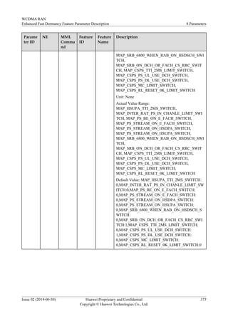 Parame
ter ID
NE MML
Comma
nd
Feature
ID
Feature
Name
Description
MAP_SRB_6800_WHEN_RAB_ON_HSDSCH_SWI
TCH,
MAP_SRB_ON_DCH_OR_FACH_CS_RRC_SWIT
CH, MAP_CSPS_TTI_2MS_LIMIT_SWITCH,
MAP_CSPS_PS_UL_USE_DCH_SWITCH,
MAP_CSPS_PS_DL_USE_DCH_SWITCH,
MAP_CSPS_MC_LIMIT_SWITCH,
MAP_CSPS_RL_RESET_0K_LIMIT_SWITCH
Unit: None
Actual Value Range:
MAP_HSUPA_TTI_2MS_SWITCH,
MAP_INTER_RAT_PS_IN_CHANLE_LIMIT_SWI
TCH, MAP_PS_BE_ON_E_FACH_SWITCH,
MAP_PS_STREAM_ON_E_FACH_SWITCH,
MAP_PS_STREAM_ON_HSDPA_SWITCH,
MAP_PS_STREAM_ON_HSUPA_SWITCH,
MAP_SRB_6800_WHEN_RAB_ON_HSDSCH_SWI
TCH,
MAP_SRB_ON_DCH_OR_FACH_CS_RRC_SWIT
CH, MAP_CSPS_TTI_2MS_LIMIT_SWITCH,
MAP_CSPS_PS_UL_USE_DCH_SWITCH,
MAP_CSPS_PS_DL_USE_DCH_SWITCH,
MAP_CSPS_MC_LIMIT_SWITCH,
MAP_CSPS_RL_RESET_0K_LIMIT_SWITCH
Default Value: MAP_HSUPA_TTI_2MS_SWITCH:
0,MAP_INTER_RAT_PS_IN_CHANLE_LIMIT_SW
ITCH:0,MAP_PS_BE_ON_E_FACH_SWITCH:
0,MAP_PS_STREAM_ON_E_FACH_SWITCH:
0,MAP_PS_STREAM_ON_HSDPA_SWITCH:
0,MAP_PS_STREAM_ON_HSUPA_SWITCH:
0,MAP_SRB_6800_WHEN_RAB_ON_HSDSCH_S
WITCH:
0,MAP_SRB_ON_DCH_OR_FACH_CS_RRC_SWI
TCH:1,MAP_CSPS_TTI_2MS_LIMIT_SWITCH:
0,MAP_CSPS_PS_UL_USE_DCH_SWITCH:
1,MAP_CSPS_PS_DL_USE_DCH_SWITCH:
0,MAP_CSPS_MC_LIMIT_SWITCH:
0,MAP_CSPS_RL_RESET_0K_LIMIT_SWITCH:0
WCDMA RAN
Enhanced Fast Dormancy Feature Parameter Description 8 Parameters
Issue 02 (2014-06-30) Huawei Proprietary and Confidential
Copyright © Huawei Technologies Co., Ltd.
373
 